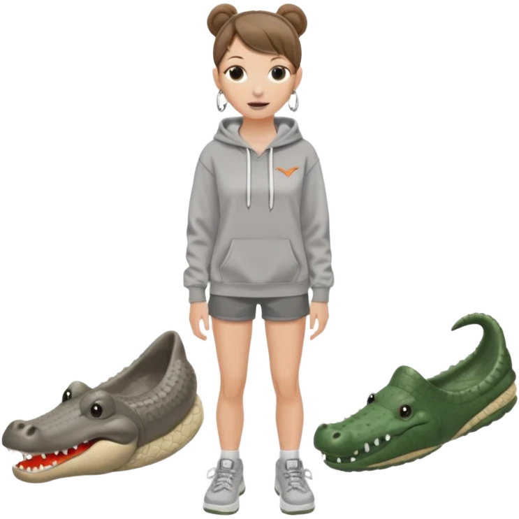 can you make a white girl with brown hair that is in a bun  and brown eyes and a normal white person nose and then she is wearing a grey hoodie mclaran formula 1 and wearing dirty white crocs with taylor swift gibits, 3 on each croc and she has 4 ear peiecings and hoop and stud and black shorts
 emoji