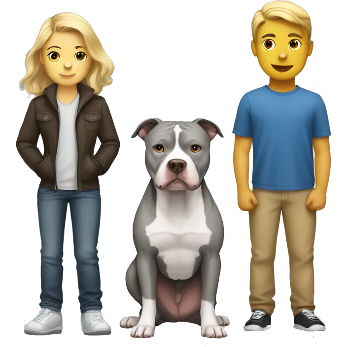 Gray Pitbull standing with white boy with brown hair and blonde girl emoji