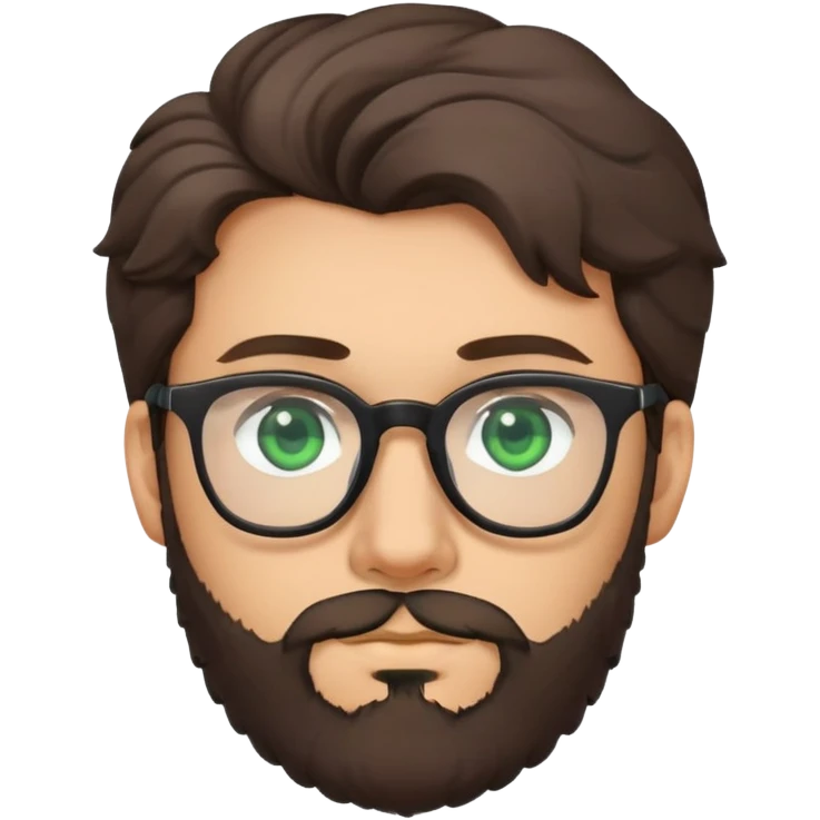 young man with dark slightly curled hair wearing glasses with green eyes and fuller beard emoji