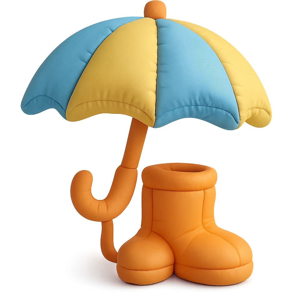 umbrella and rain boots, soft plush look, bright colors, cushion style emoji