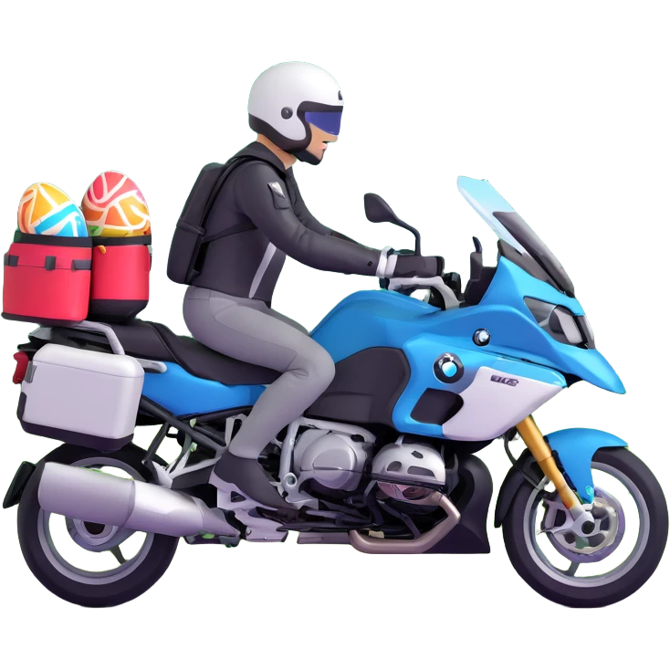 BMW RT1200 LC touring motorcycle with rider on open road in a forest with easter eggs emoji
