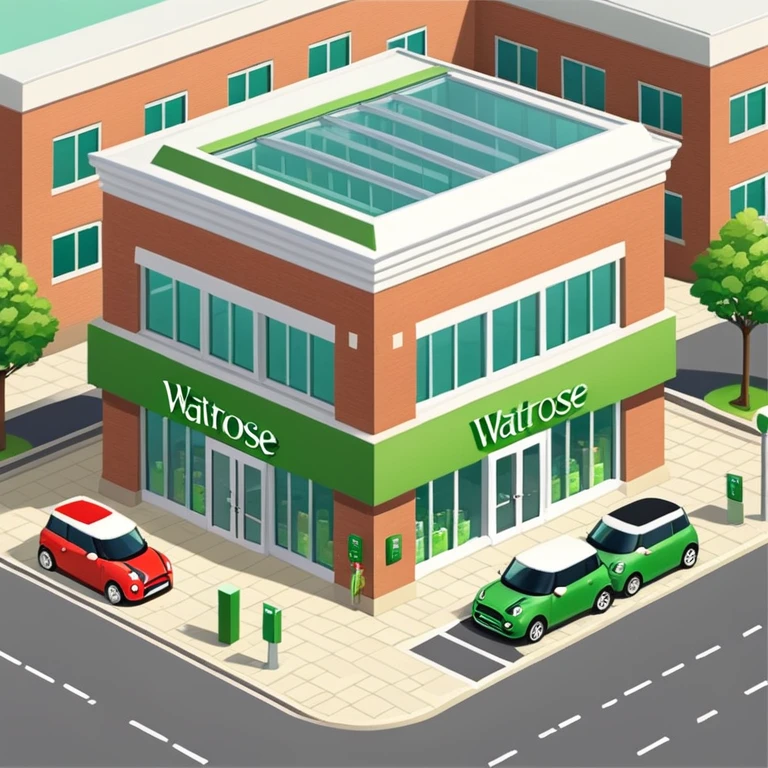 Isometric Waitrose supermarket building with green branding, brick exterior, glass entrance, British parking area with Mini Cooper cars emoji