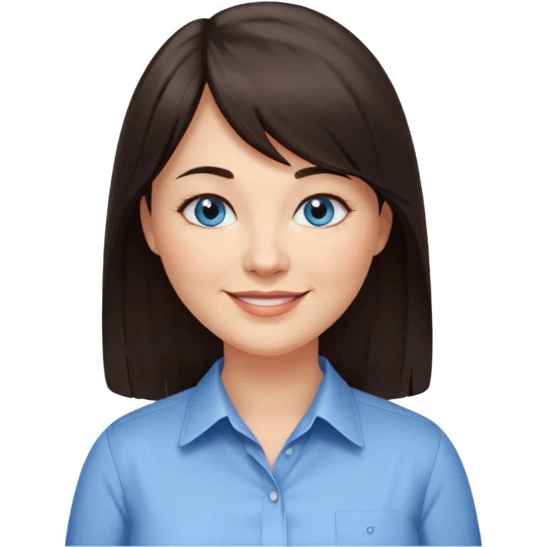 40 yr old woman, blue eyes, long straight dark brown hair, business shirt, chubby, bangs, long hair emoji