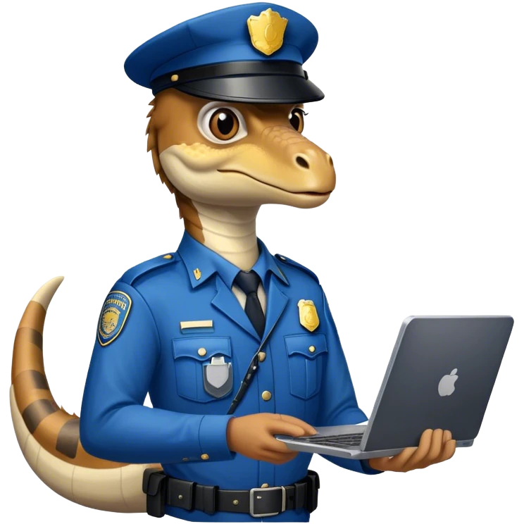 Un velociraptor policía azul con una computadora  emoji