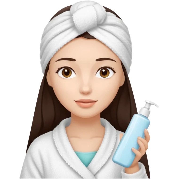 Uma mulher de toalha na cabeça pq ela acabou de sair do banho. A pele é branca/clara e cabelo marrom escuro, cabelo liso.  Ela tá com um hidratante nas mãos,  pq ela vai cuidar da pele emoji