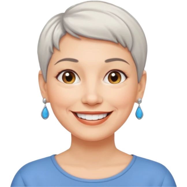 white middle-aged woman, short hair, small earrings, smiling, full of personality emoji