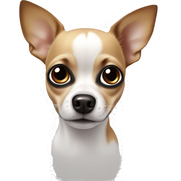 Chihuahua with a white body, black ears, brown splotches can next to his big eyes but a white part down the middle of its head to its nose  emoji