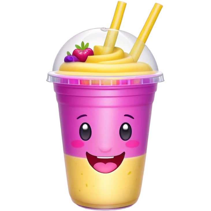 Cute Kawaii Smoothie Cup, filled with blended fruity goodness, a smiling face with excited eyes, bright colorful layers of pink, yellow, and purple, topped with a straw and tiny fruit slices! emoji