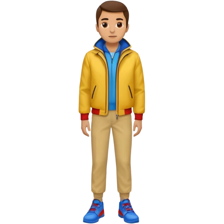 un hombre con: una chaqueta amarilla, pantalones rojos y zapatos azules. emoji