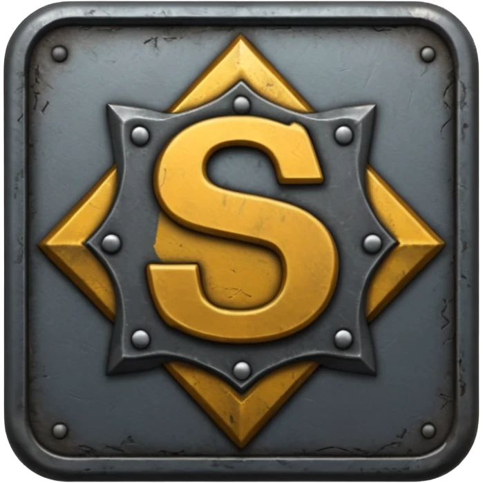 Create a custom emoji badge featuring a stylized, letter “S”. Design the badge in the dark metallic Iron rank style from League of Legends. Use rough metal textures, dark gray tones, and a gritty, heavy look. Add subtle dim glows. Premium, sharp, and readable at small sizes.
 emoji