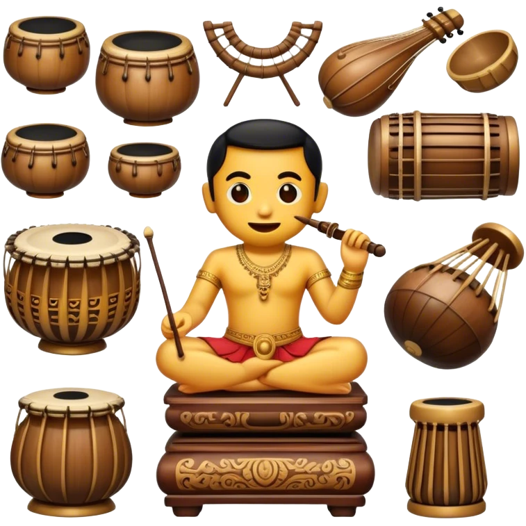 Cinematic Realistic Gamelan Pop Culture Emoji, depicted with an ensemble of traditional Indonesian instruments rendered with rich textures and rhythmic, cultural lighting. emoji