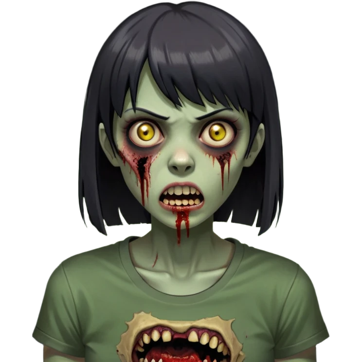 Mulher zumbi
Cor da pele: Verde-acinzentada, dando um aspecto de zumbi.
Cabelo: Preto, liso, franja e longo.
Olhos: Grandes, castanho-claros meio amarelados com pupilas pretas bem destacadas.
Boca: Aberta, mostrando os dentes em uma expressão de susto ou agonia.
Roupas: Camiseta cinza escura simples.
Ferimentos: Há uma ferida profunda e sangrenta na bochecha esquerda e sangue escorrendo do canto da boca.
Expressão facial: Assustada ou de dor, com sobrancelhas erguidas. emoji