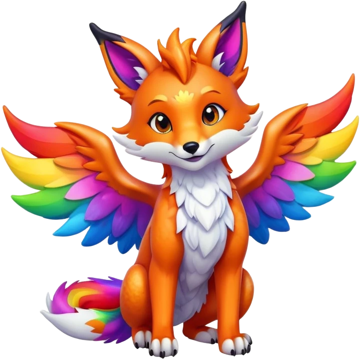 Cartoon Fox dragon hybrid with wings face front full body rainbow colored emoji