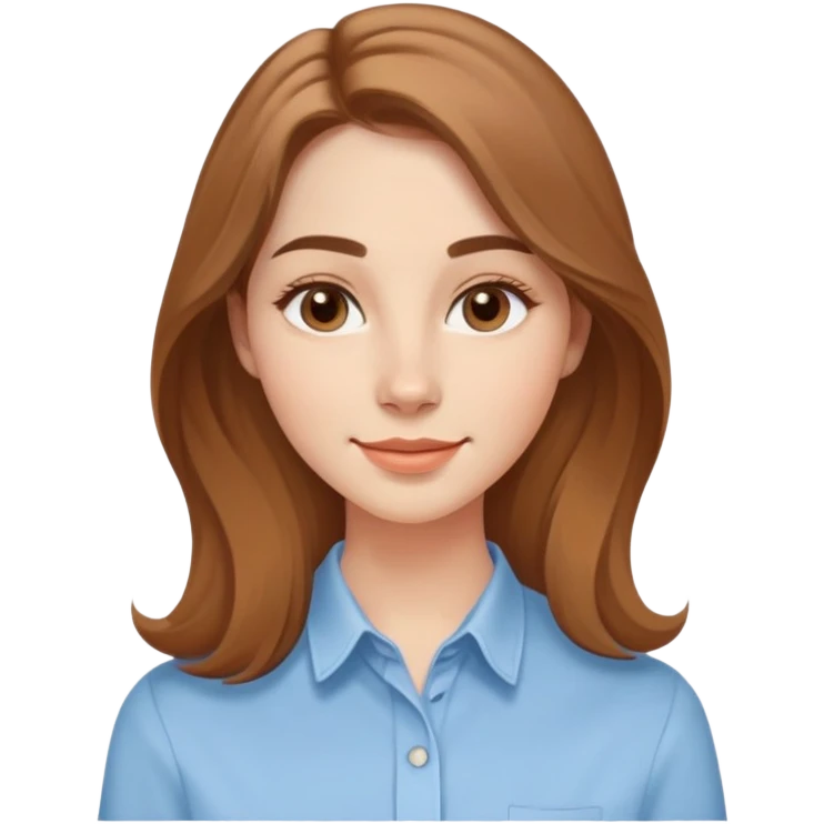 Young adult woman with oval delicate face, soft features, fine jawline, bright friendly smile, large expressive light brown almond eyes, medium arched eyebrows, proportional nose, defined lips, long light brown hair with gentle waves, wearing a casual feminine-cut light blue shirt emoji