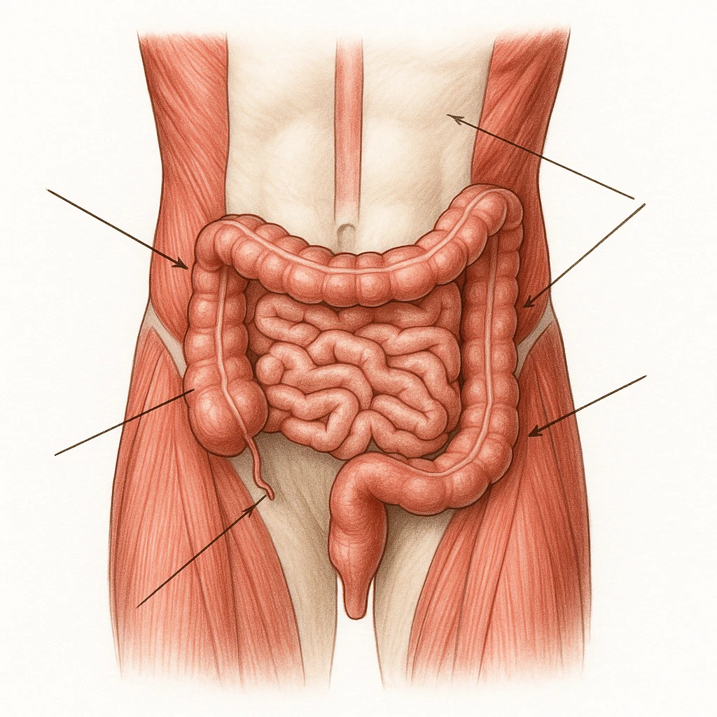 realistic illustration of intestines and connected muscles on white background, with lines or arrows highlighting the connection, clean and informative style emoji