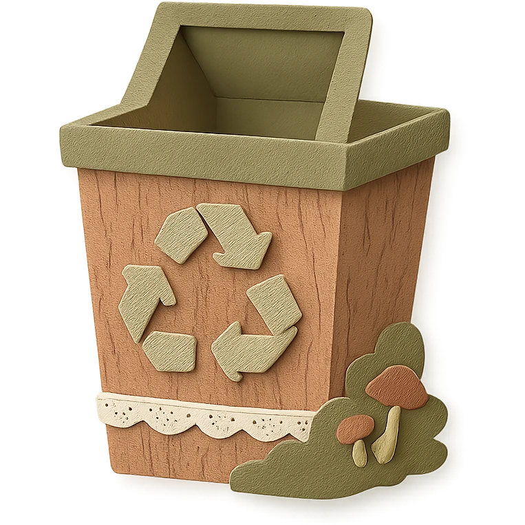 empty recycling bin icon in cottagecore style with wooden texture, lace trim, moss, mushrooms, open and empty, gentle cozy look, no text, soft earthy tones, whimsical homey feel emoji