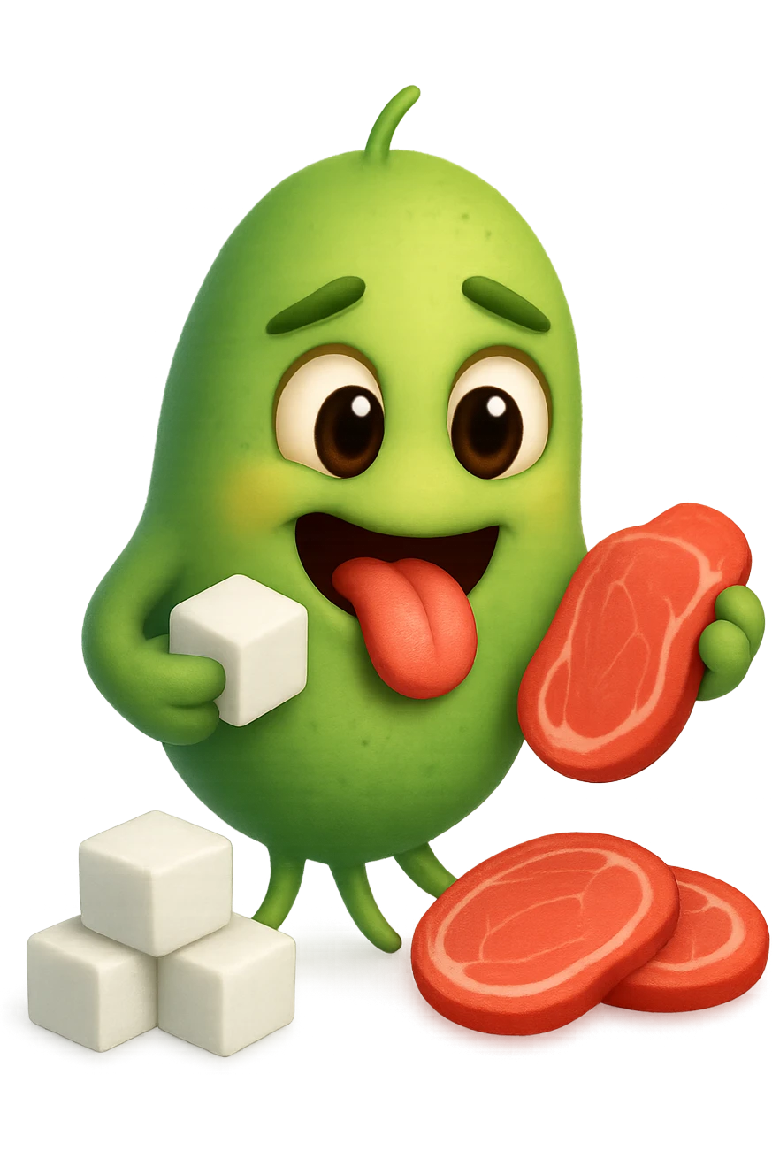 emoji stile iphone realistica di un batterio della candida con espressione affamata che si nutre di zollette di zuccheri e fettine di carne, IPERREALISTICO 4K emoji