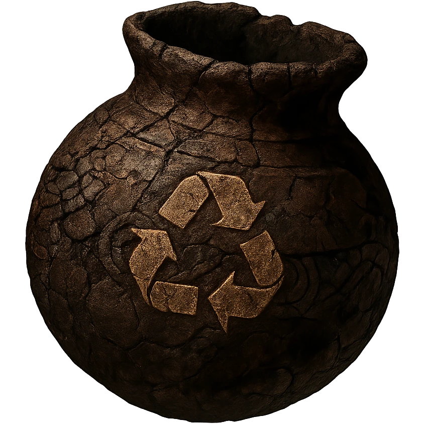 Create an Elden Ring Cracked Pot style recycle bin icon, empty. The pot should look ancient and cracked, inspired by the reference image, with a subtle recycle symbol or magical rune to indicate it is a recycle bin. The style should reflect the Elden Ring cracked pot aesthetic. 1080 x 1080, transparent background. emoji