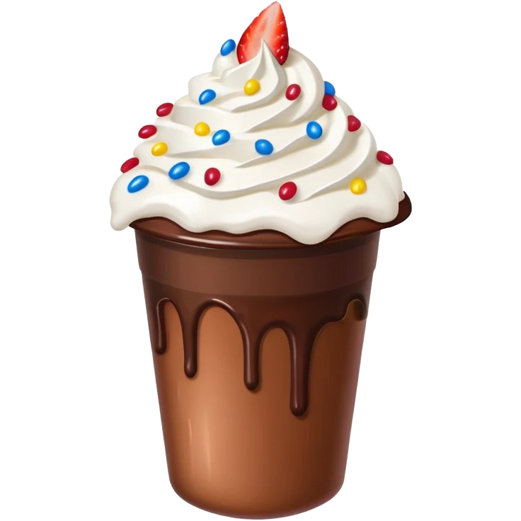 Un vaso plástico cubierto de chocolate que arriba se vea crema batida que por encima se vean fresas y chispas de colores  emoji