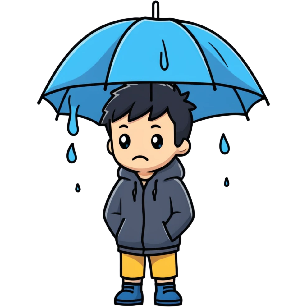 Boy standing alone in the pouring rain, looking sad emoji