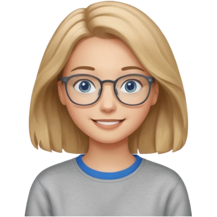 мила дівчинка з пшеничним та трохи хвилястим волоссям до грудей з голубими очами та в окулярах в сірому світшоті посміхається emoji