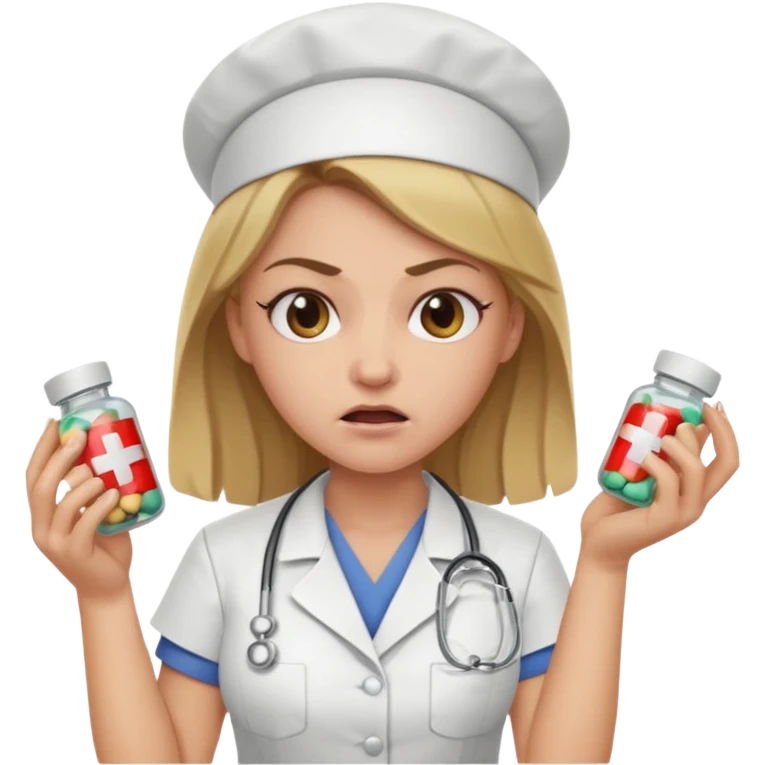 angry dark blonde nurse with a pills emoji