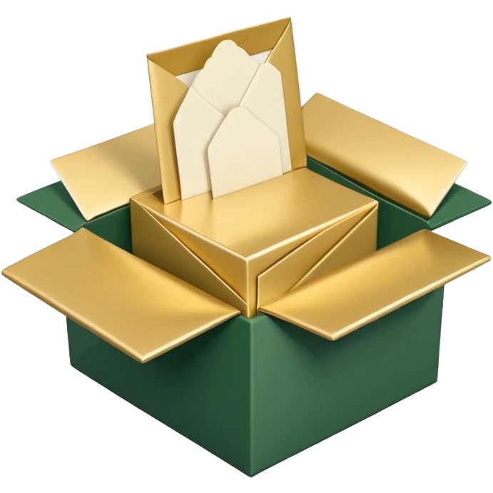 3D minimal open box with multiple envelopes floating out of it, matte finish, deep green (#0B3D2C) box, cream white (#F5F5DC) envelopes, subtle gold (#C9B037) accents, Apple style, ultra sleek, soft shadow, transparent background emoji