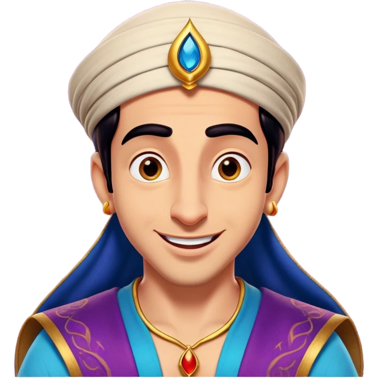 Cinematic Realistic Aladdin Portrait, head tilted dramatically with an exaggeratedly amused expression, featuring vibrant eyes and a slight, roguish grin. His detailed attire and subtle magical accents are brought to life with dynamic lighting and vivid textures, capturing a rare, playful burst of humor from a daring street-wise adventurer. emoji