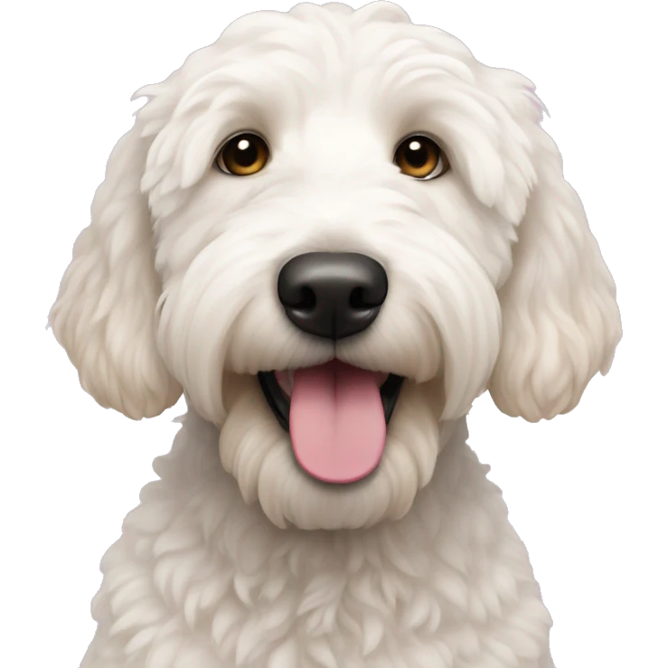 White golden doodle with pink nose emoji