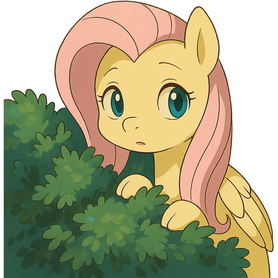 Fluttershy peeking from behind a bush in Ghibli style emoji