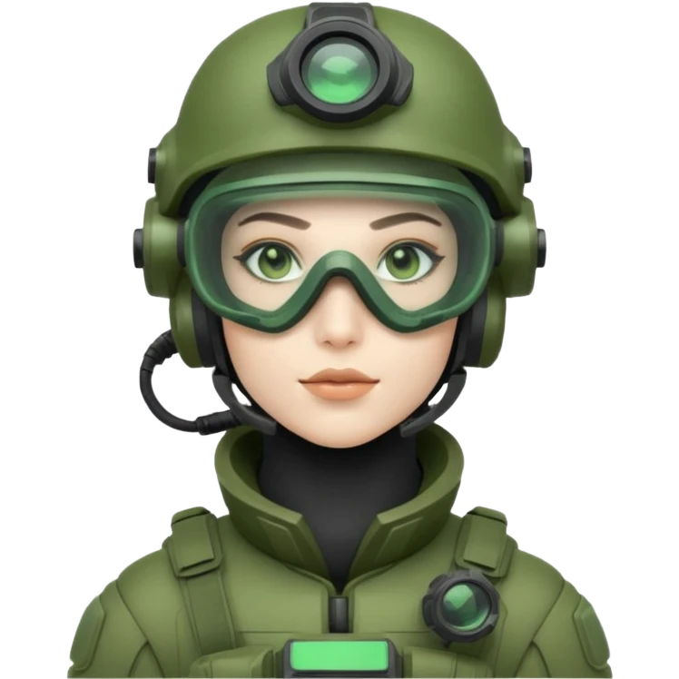 futuristic soldier in green high-tech gear, helmet, mask, and night vision goggles, cool and brutal emoji