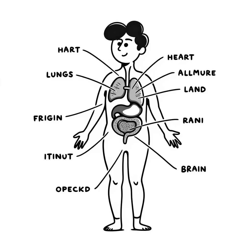 Human body diagram with main organs labeled emoji