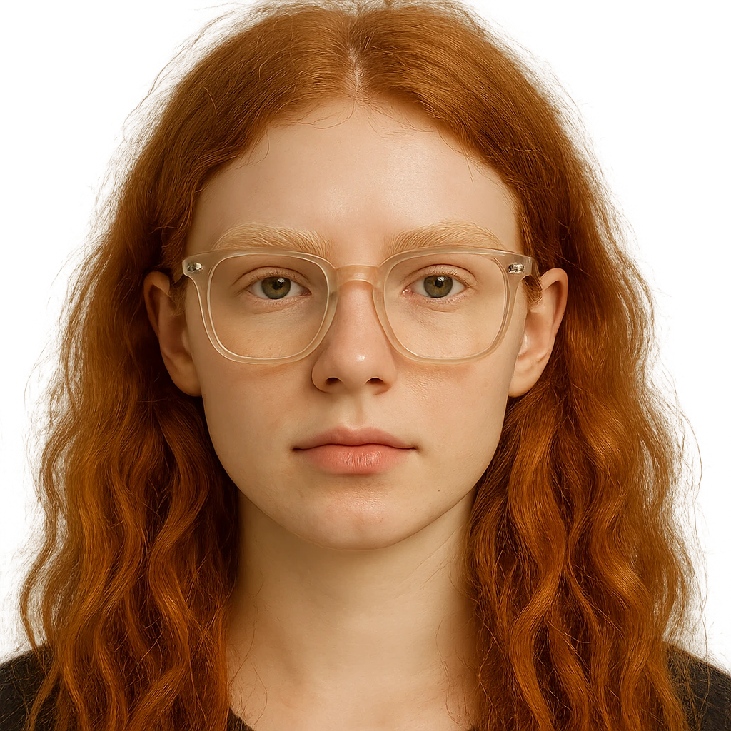 A red-haired girl with blond eyebrows and square glasses, bufo style emoji