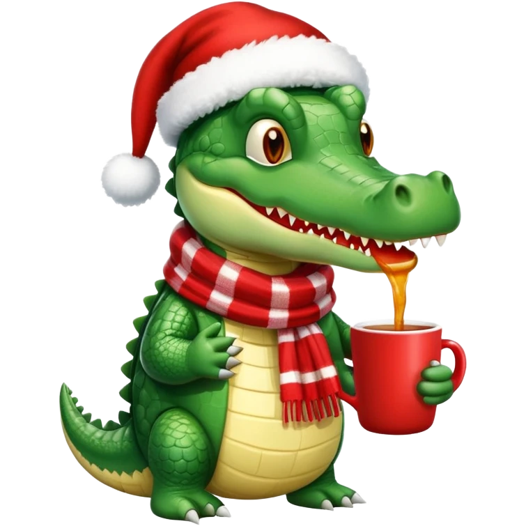 Fun crocodile wearing a winter hat and scarf, holding a warm mug of Bombardino drink emoji