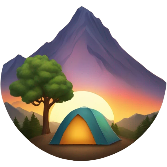 A tent by a mountain, with trees and a sunrise or sunset.” emoji
