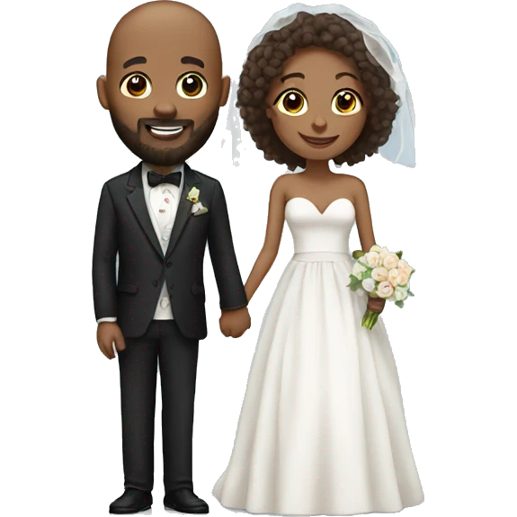 Black bald man with a beard and his wife with long, brown, curly hair on their wedding day emoji