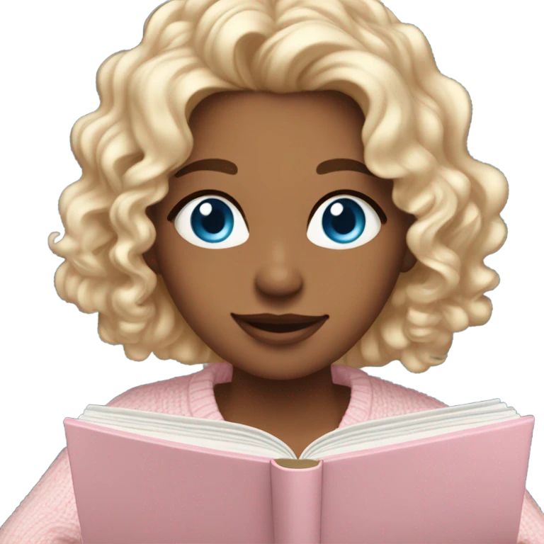 Beautiful girl with blue eyes and wavy hair, with a light blue outfit smiling Pretty blue eyed white girl with light pink sweater reading cozy emoji