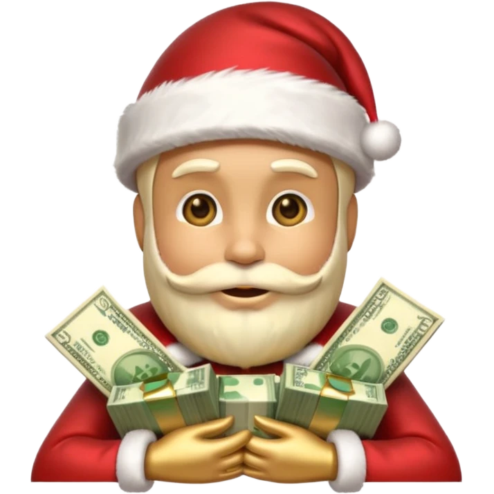 A confident rich emoji face wearing a Santa hat, money stacks, casino vibe, New Year theme, premium 3D emoji style, sharp details, no text, isolated on transparent background emoji