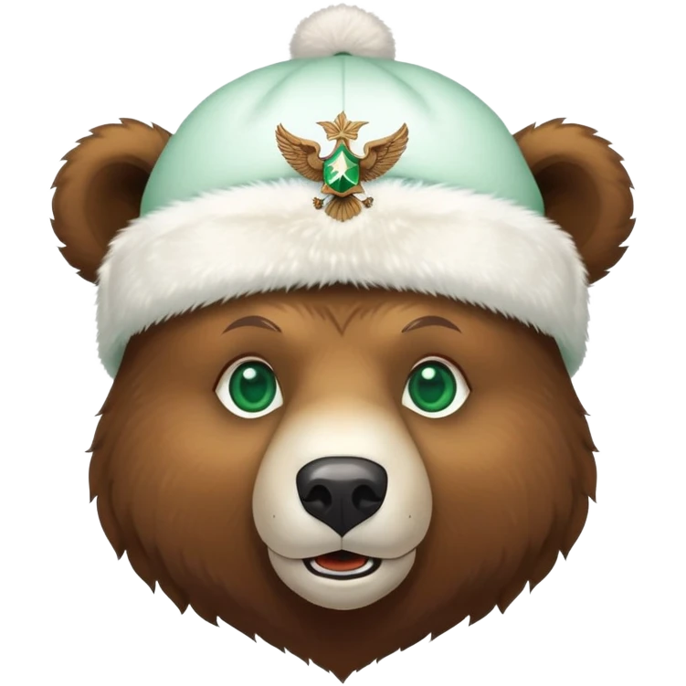 Cheerful brown bear head with emerald green eyes wearing white winter ushanka hat with double-headed eagle symbol centered, Russian themed emoji