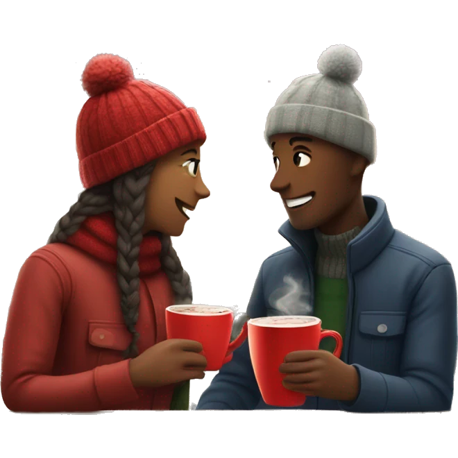 Couple drinking hot chocolate in cafe with Christmas tree  emoji