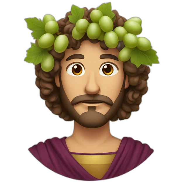 man without a mustache with greek robe and long curly hair and a crown of grapes and leaves emoji