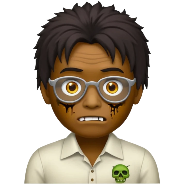 Um garoto zombie de cabelo castanho escuro, quase preto, com um cabelo médio, com olhos castanhos esverdeados, de camisa branca, com óculos redondo emoji
