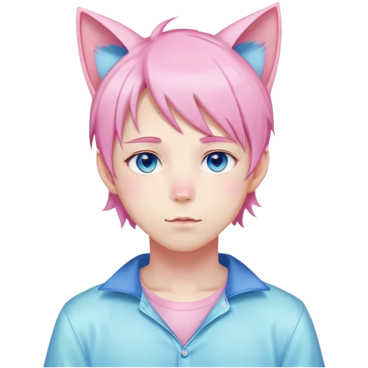 Pastel effeminate young femboy man with pastel pink shiny hair, pink cat ears, pastel yellow blouse, blue eyes, cute, gorgeous, anime, catboy emoji