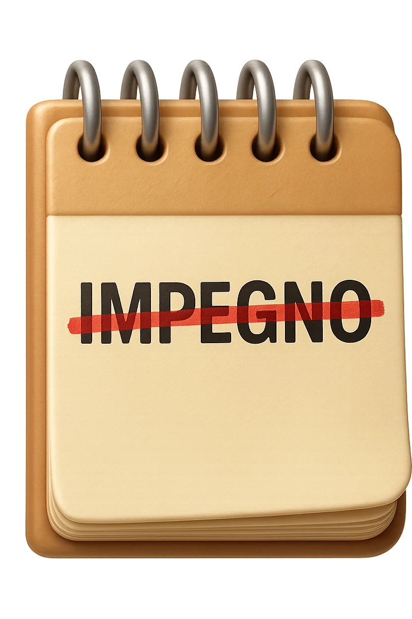 emoji stile iphone di un agenda con la parola "IMPEGNO" SCRITTA SOPRA E UNA CANCELLATURA ROSSA SULLA PAROLA, iperrealistico 4k emoji