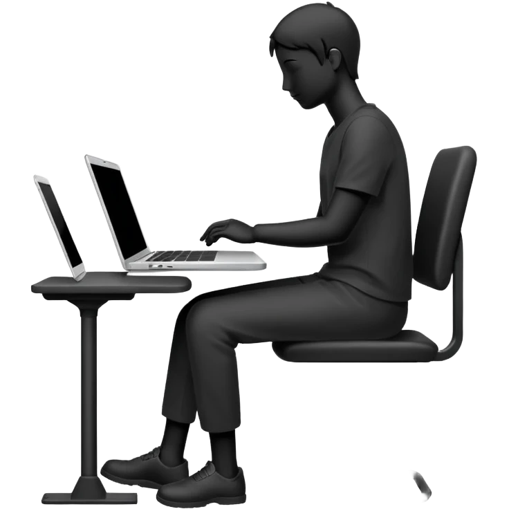 Minimalistic flat vector icon, iOS style, thin black contour on white background. Person silhouette sitting with a laptop, code brackets <> on the screen. Clean, no te emoji