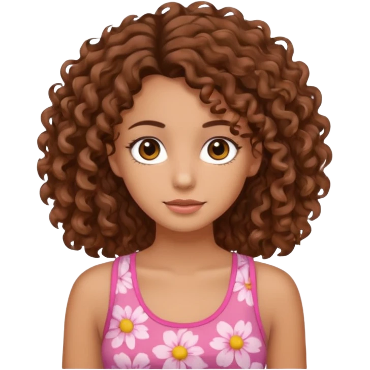 A pretty girl with tan skin and brown wavy curly hair, wearing a floral pink tank top with brown eyes emoji