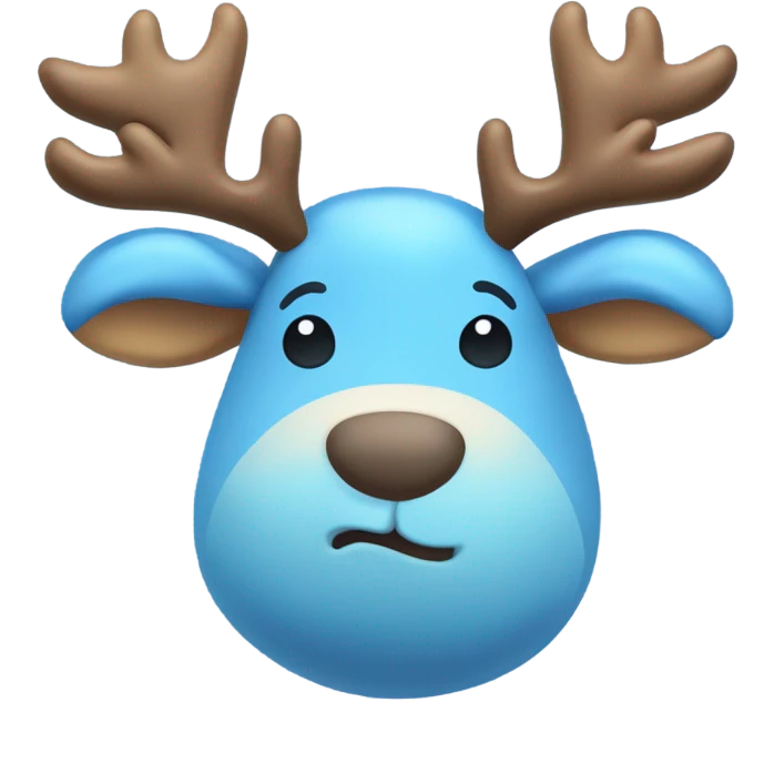 A cute blue stuffed animal resembling a cartoon moose or reindeer, with soft rounded horns, a smiling face, and a light blue belly. It has a friendly and cuddly appearance, perfect for kids or as a comforting plush toy.” emoji