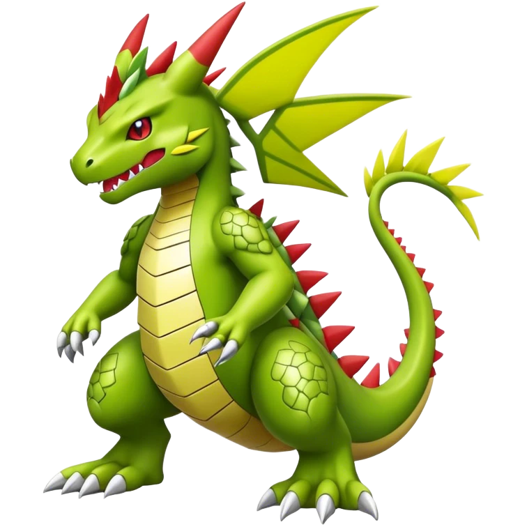Cool cute shiny futuristic Guilmon-Flygon-Tyranitar-Digimon-hybrid-fusion, yellow belly, full body emoji