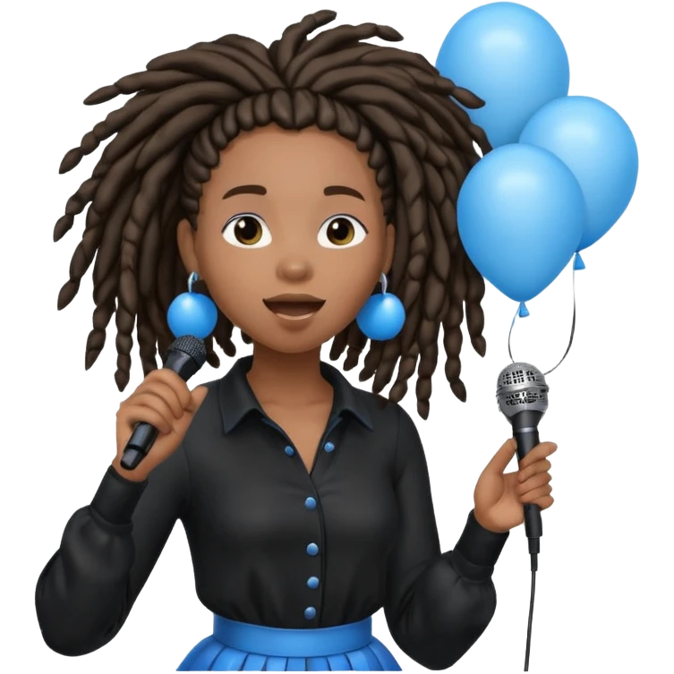 Black girl Stud with dreadlocks singing dressed in black 1,2,3 release em with white and blue balloons flying overhead emoji like with mic in hand  emoji