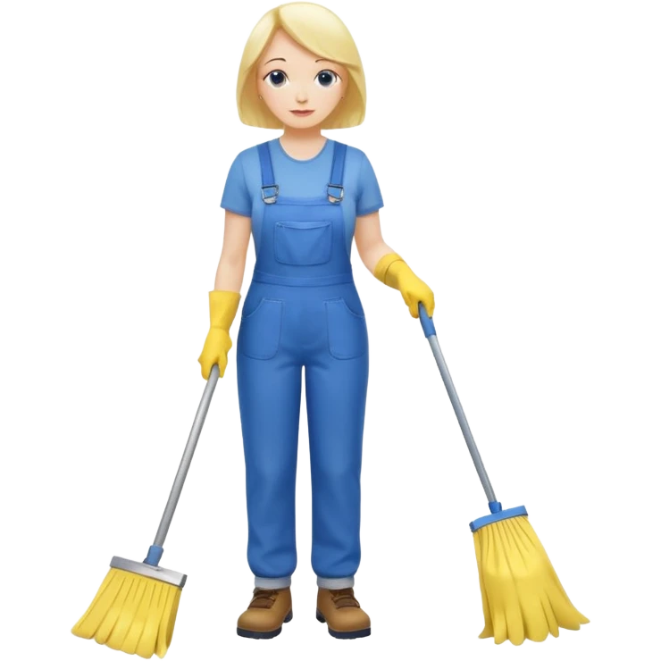 middle-aged women, Custodian with yellow rubber gloves, white T-shirt, blue overalls, mopping floor emoji